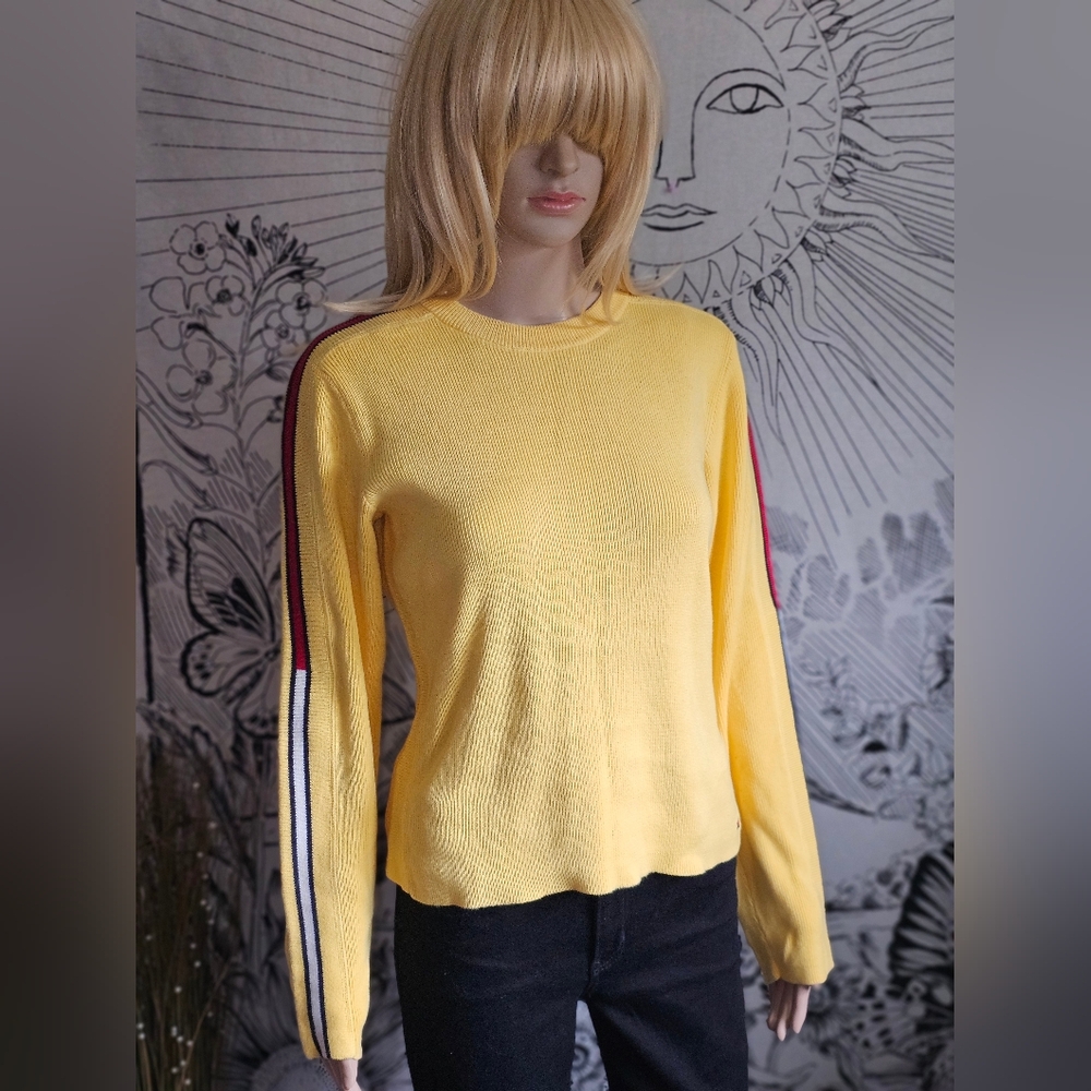 Like New '02 Y2K Tommy Yellow Long Sleeve Sweater with Striped Sleeves Girl's XL